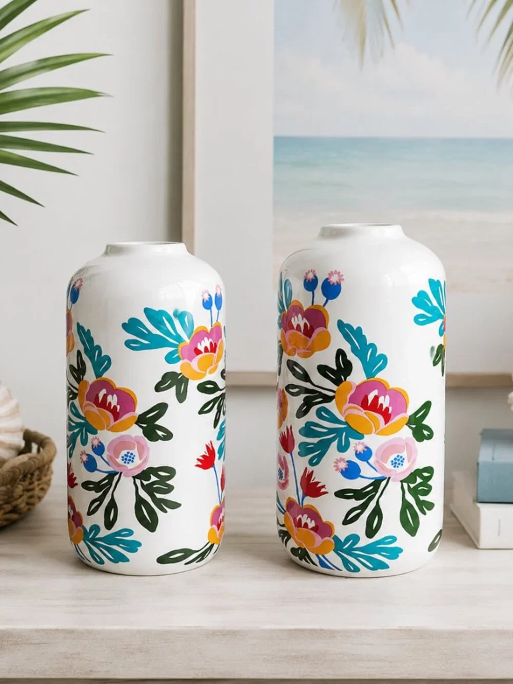 Scandinavian Folk Art Floral Ceramic Vase Glossy White Decorative Vase
